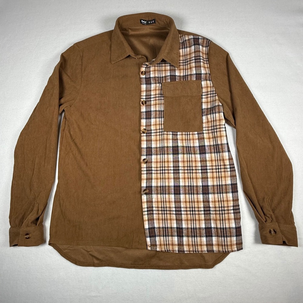 Romwe  Corduroy Plaid Panel Button‎ Up Shirt Mens Medium Retro